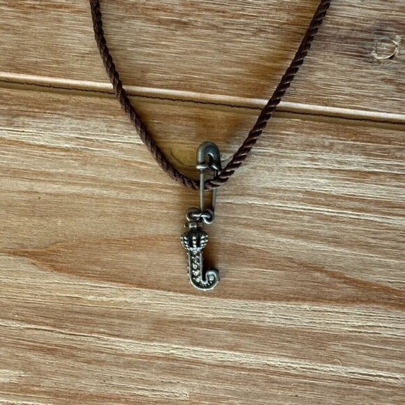 Y2k Juicy Couture J Safety Pin Silver Rhinestone Pendant Brown Cord Necklace - Picture 4 of 5